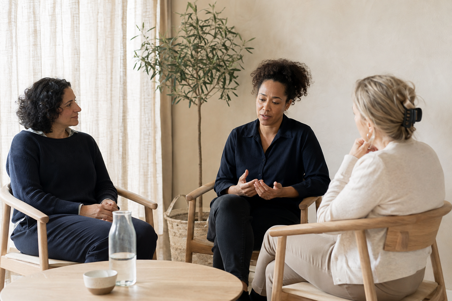 Drie zorgprofessionals in een rustig en aandachtig reflectiegesprek
