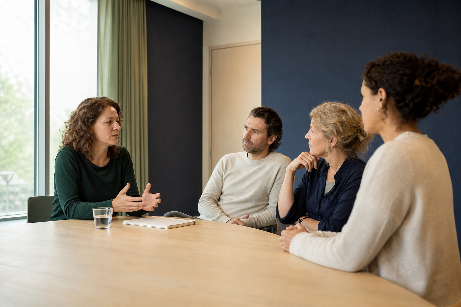 Vier zorgprofessionals in aandachtig gesprek tijdens een intervisiebijeenkomst